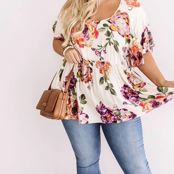 ODDI Babydoll Buttery Cream Large Floral Print Tunic Top Plus Size 3XL - Picture 13 of 15